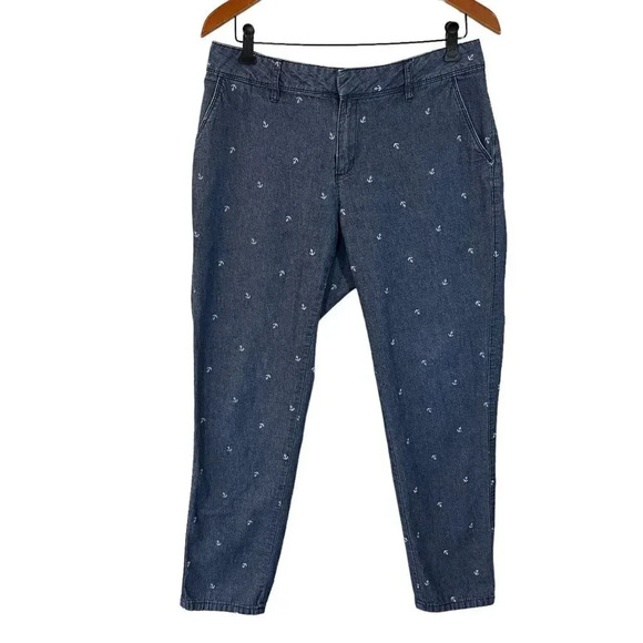 Liz Claiborne Pants Anchor Pattern Size 12 Nautical Theme 100% Cotton Blue White - Picture 1 of 9